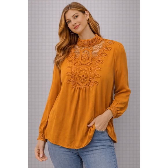 Xhilaration Tops - Xhilaration Crochet Lace Mock Neck Blouse Long Sleeve Women Size L